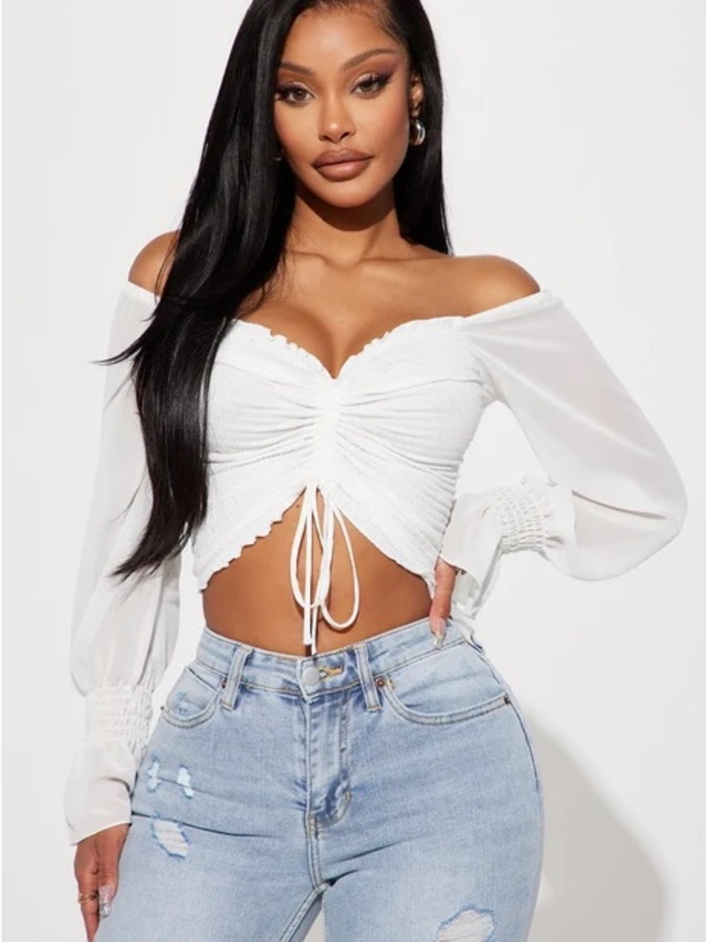 White Off-Shoulder Ruched Drawstring Crop Top